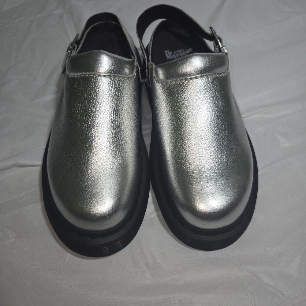 Dr Martens Laketen Women Size 7 Silver Metallic Leather Slingback Clog Mules NEW